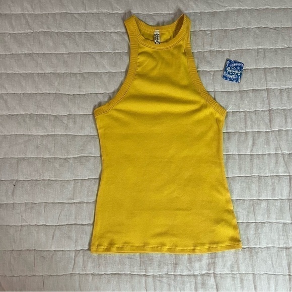 NWT Intimately Free People Mustard Yellow Ribbed High Neck Tank Top Size Medium - Picture 2 of 11